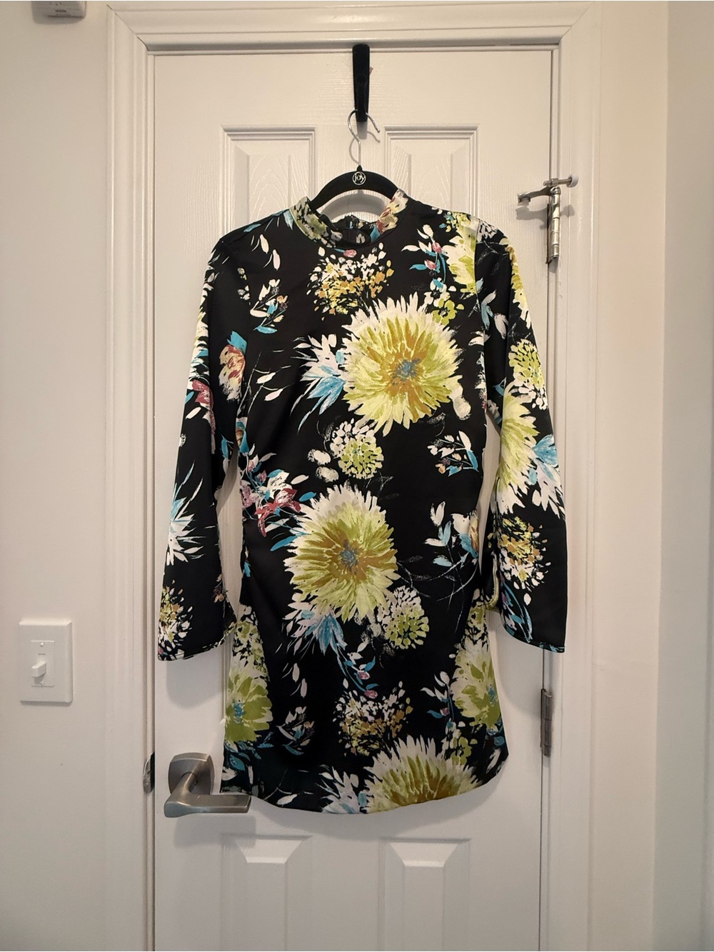ZARA Floral Long-Sleeve Shift Dress in Black and Yellow Bell Sleeve Mock Neck M